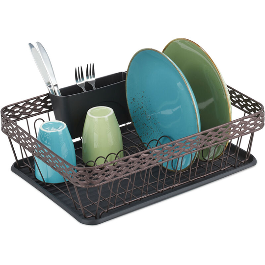 Relaxdays - Dish Drainer, Drying Rack with Cutlery Holder & Drip Tray, Metal & Plastic, hwd 15.5 x 45 x 35 cm, Brown