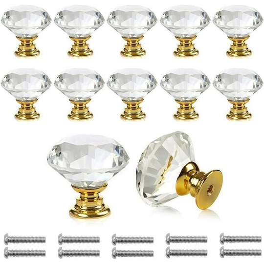 Perlerare - 10 Pieces Door Knobs Handles Transparent Diamond Crystal Glass Doors Cabinet Drawer Cupboard Decoration With Screws(30mm) (Gold 12)
