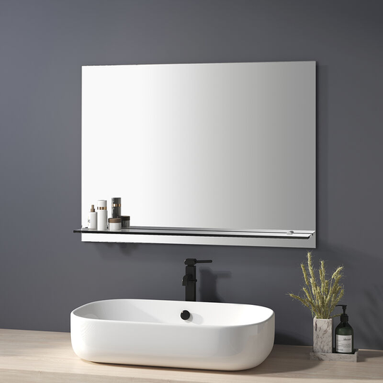 Bathroom Mirror with Shelf 80x60cm, Frameless Wall Mounted Bathroom Mirror with Glass Shelf - Heilmetz