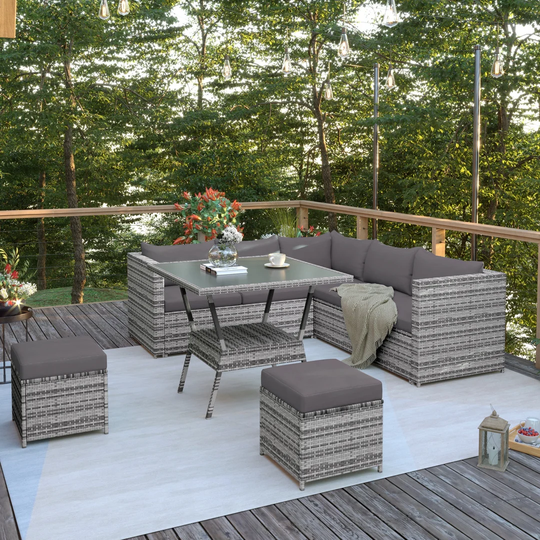 Outdoor Rattan Furniture- Conner Sofa With Dining Table 2 Stools Garden Patio Furniture (Grey)