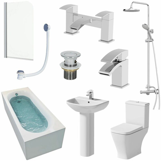 Affine - 1600mm Single Ended Bathroom Suite Bath Shower Toilet Pedestal Basin Taps Screen - White