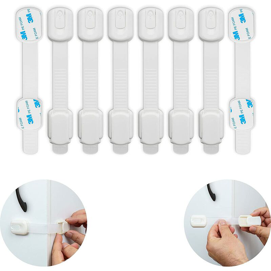 Sunflowergb - Child Safety Locks, Set of 8, White, Multifunction, with 3M Adhesive, Lock for Cabinets, Drawers, Pantry, Oven, Fridge