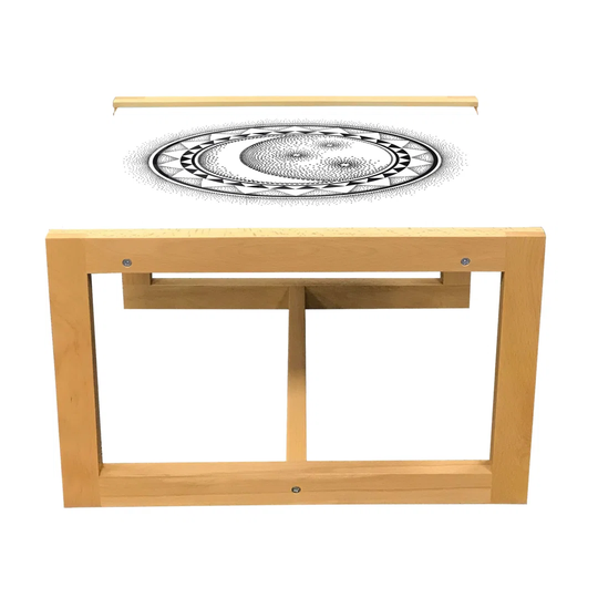 Half Moon Coffee Table, Simplistic Sun Night Dots Circle Mystic Pattern On Plain Background, Acrylic Glass Center Table With Wooden Frame For Offices
