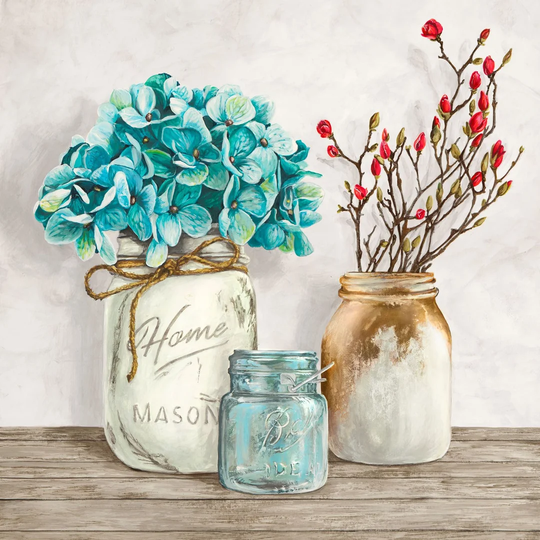 "Floral Composition With Mason Jars I" By Jenny Thomlinson