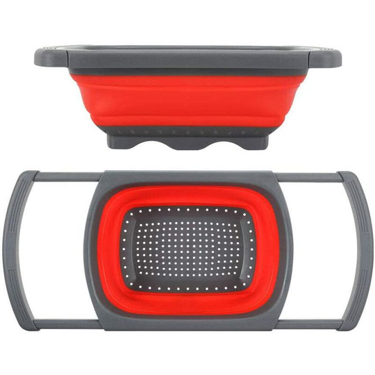 Collapsible Silicone Colander, Expandable Kitchen Drainer Fruit and Vegetable Food Basket with Extendable Handles-Red