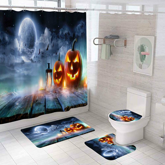 Halloween Pumpkin Moon View Shower Curtain Sets, Generic Halloween Bathroom Decor Set 71 x 71 inches - Shower Curtain with Mat, Toilet Lid Cover,