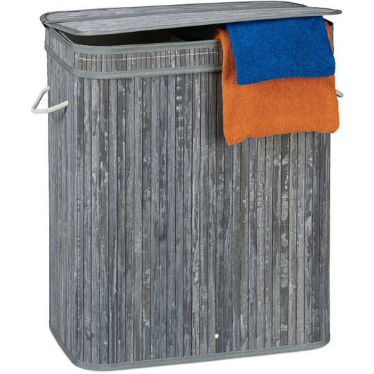 Relaxdays Lidded Laundry Hamper, 2 Compartments, Partitioned Bag, Ventilated, 72 Litres, Bamboo Basket, Grey