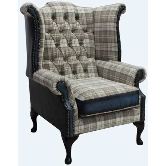 Chesterfield Queen Anne High Back Wing Chair Lana Beige Antique Blue Leather