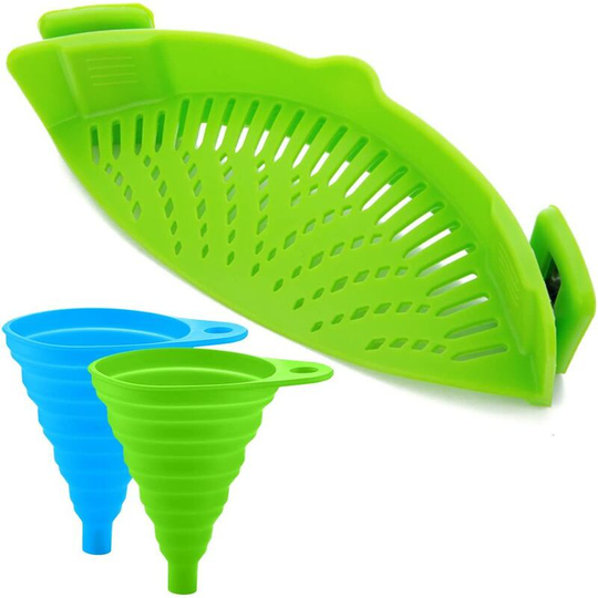 Perlerare - Silicone Colander with 2 Collapsible Funnels - Attach the colander to the pot to drain your food - Green