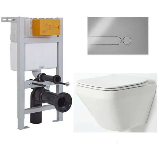Milano - Farington - White Ceramic Modern Bathroom Wall Hung Rimless Toilet with Short Wall Frame, Cistern and Chrome Square Dot Flush Plate