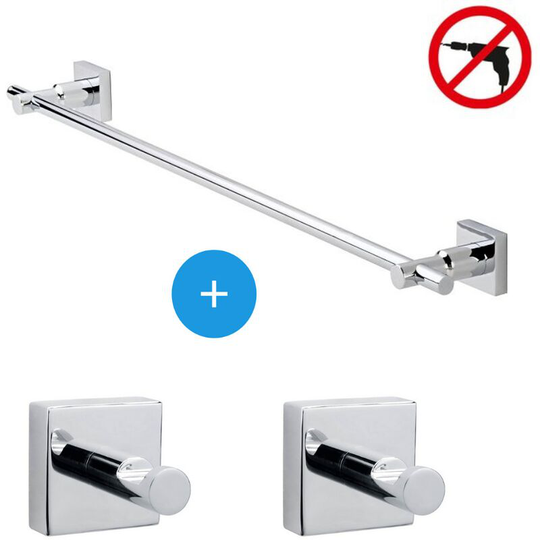 Tesa - Hukk Pack Wall-mounted towel holder + Two towel hooks, easy installation without drilling, Chrome (40250-TRIO 2)