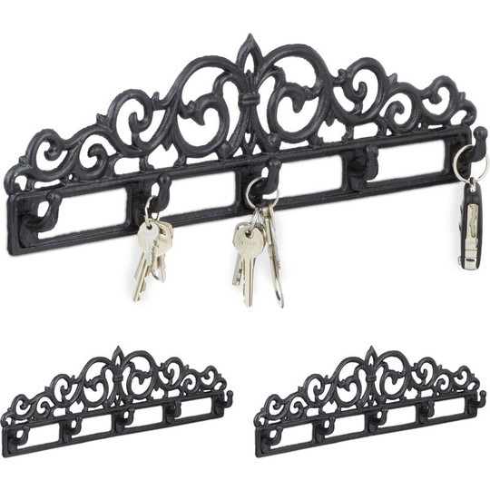 Set of 3 Cast Iron Wall Coat Racks, 5 Hooks, Antique Cottage-Style, for Keys, HxWxD: 13.5 x 42 x 4 cm, Black - Relaxdays