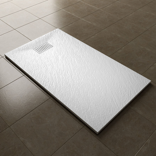 1400x800mm Slip-Resistance Shower Tray White Slate Effect Square Shower Enclosure Base with Waste Trap and Stainless Steel Drain Cover b - Elegant