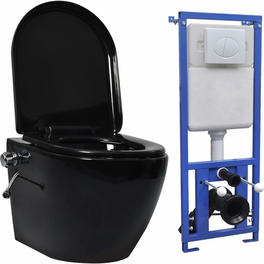 Devenirriche - Wall Hung Rimless Toilet with Concealed Cistern Ceramic Black - Black