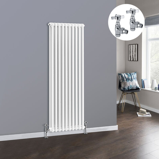 NRG - White 2 Column Traditional Cast Iron Style Radiator with Chrome Angled Cross Head Manual Valves Vertical 1500x470mm