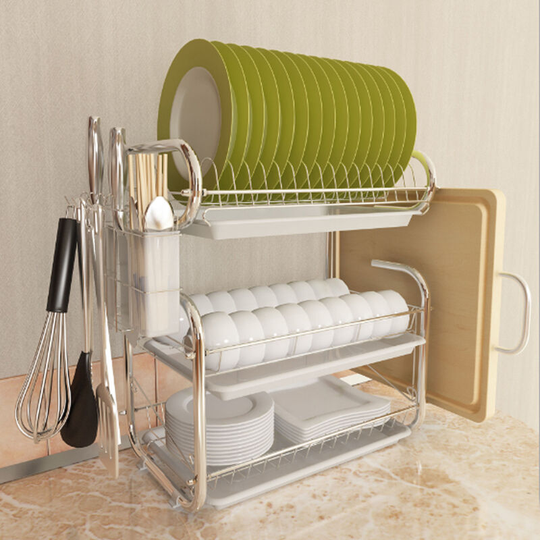 3 Tier Chrome Dish Drying Rack Cutlery Cups Holder with Drip Tray - Livingandhome