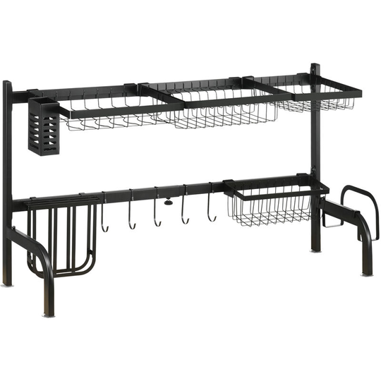 Over The Sink Dish Drying Rack, 2 Tier Adjustable Dish Drainer Black - Black - Homcom