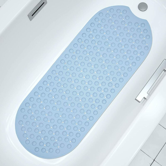 Kartokner - 39x16 In Non Slip Bathtub Mat, with Suction Cups Drain Holes, Machine Washable, Light Blue
