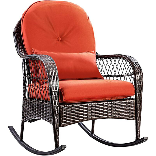 Rattan Armchair Wicker Rocking Sofa Relaxing Lounge Chair Metal Frame with Lumbar Pillow & Cushion, Garden Patio Porch Lawn Deck Backyard Furniture