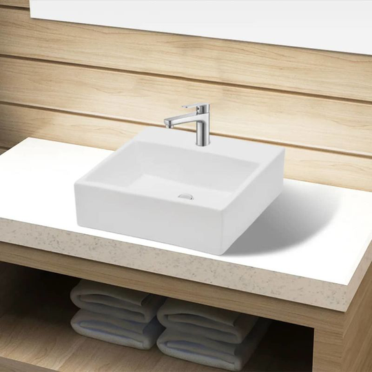 Ceramic Bathroom Sink Basin with Faucet Hole White Square VD04218