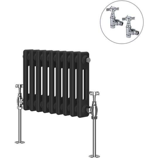 Traditional Rad Cast Iron Style Radiator Black + Chrome Angled Traditional Radiator Manual Valves 300x425mm Horizontal Double Column