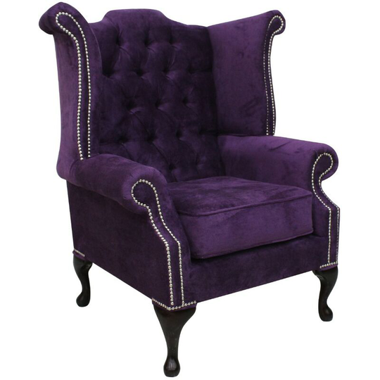 Chesterfield Queen Anne High Back Wing Chair Dakota Violet Purple Velvet