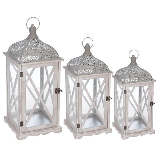 Set Of 3 "Cut" Lanterns, Wood & Glass, Bleached Effect