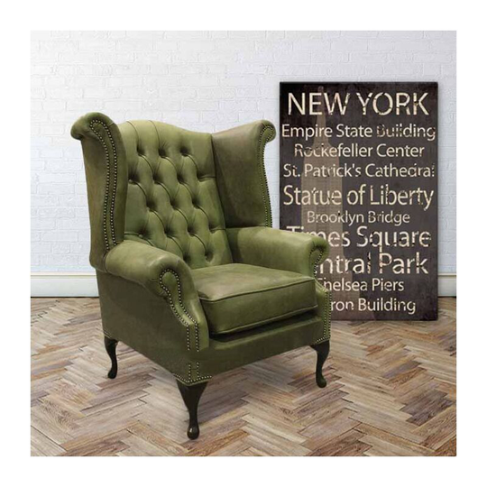 Chesterfield Queen Anne High Back Wing Chair Selvaggio Sage Green Leather