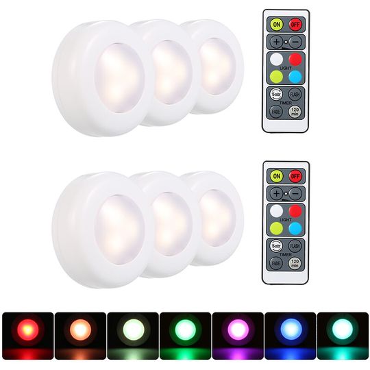 Rgb led Under Cabinet Lamp Puck Light 6 Pack with Remote Control Brightness Adjustable Dimmable Timing