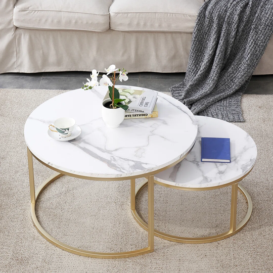 Nesting Coffee Tables Set Of 2, White Marble Top And Golden Frame