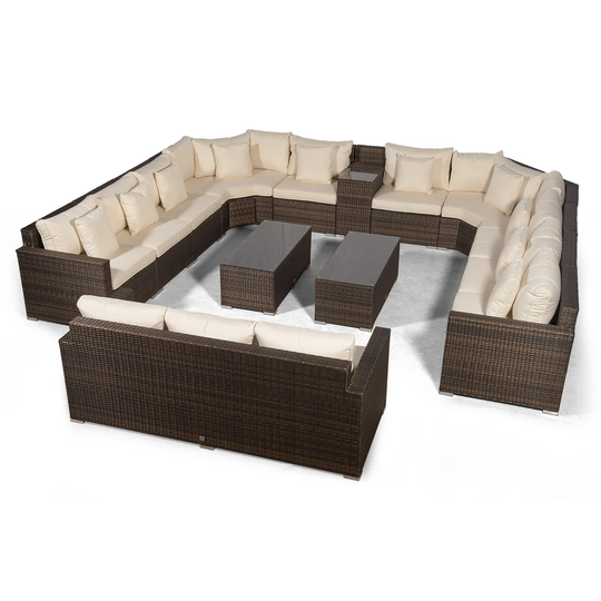 Villasenor Brown Rattan 10 Seat Sofa With 2 X Rectangle Coffee Table & 3 Seat Sofa + Drinks Cooler, Outdoor Patio Garden Furniture