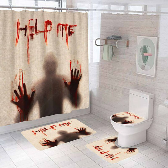 Horror Help Halloween Shower Curtain Sets, Generic 71 inch x 71 inch Halloween Bathroom Decorations Set - Shower Curtain with Mat, Toilet Lid Cover,