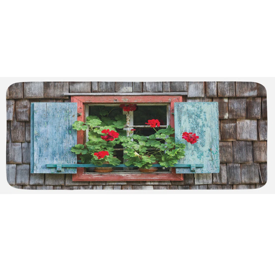 Camarillo Geraniums Flowers on Rural Window Kitchen Mat