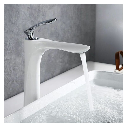 Sophisticated tall sink faucet in solid brass Chrome white