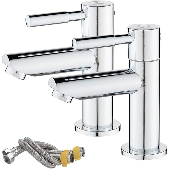 Bathroom Basin Pillar Taps, Pair Basin Sink Mixer Taps, 1/4 Turn Washroom Pair Faucets Twin Lever, 2 Pcs Morden Taps