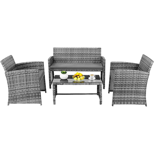4 PCS Outdoor Rattan Garden Furniture Set, Garden Rattan Table Set, w/Comfortable Seat Cushion, Double Sofa, 2 x Armchairs and Tempered Glass Table
