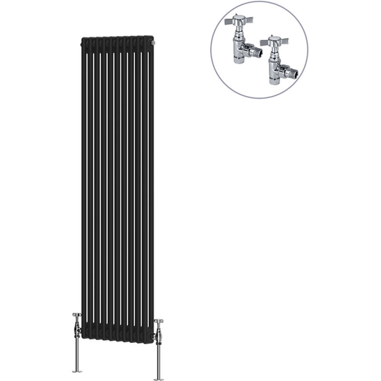NRG - Traditional Rad Cast Iron Style Radiator Black + Chrome Angled Traditional Radiator Manual Valves 1500x470mm Vertical Double Column