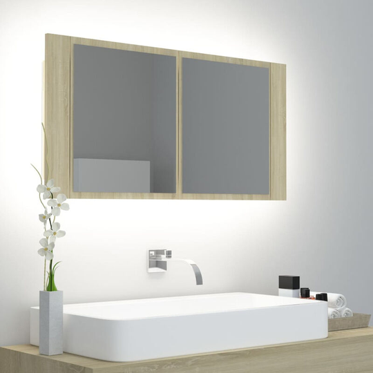 LED Bathroom Mirror Cabinet Sonoma Oak 90x12x45 cm