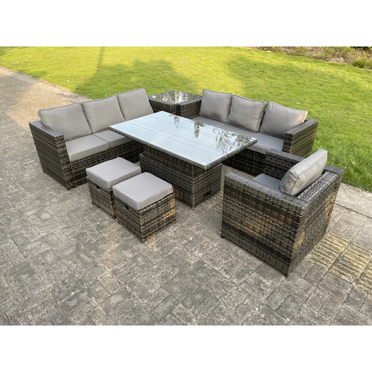 Outdoor Rattan Garden Furniture Sofa Chair Adjustable Rising Table Footstool Outdoor Dark Grey Mixed