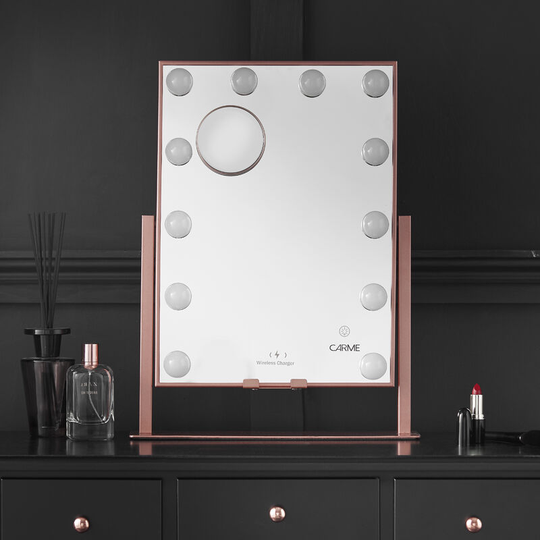 Gianna Rosegold Desktop Mirror with Hollywood Bulbs 3 Colour Light Touch Sensor Wireless Charger and Magnifying Mirror Vanity Makeup Rose Gold