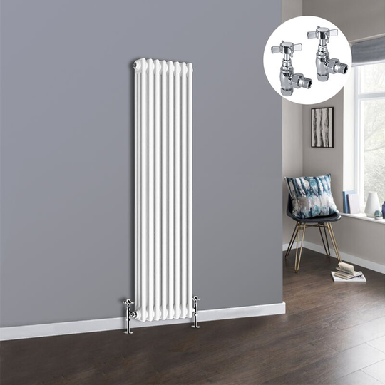 NRG - White 3 Column Traditional Cast Iron Style Radiator with Chrome Angled Cross Head Manual Valves Vertical 1500x382mm