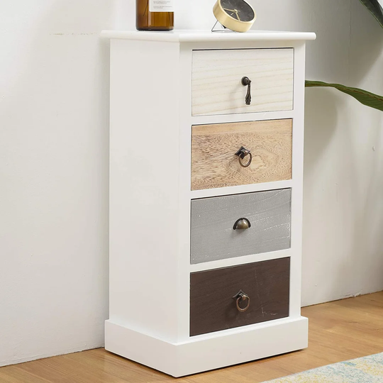 Enciso Chest Of Drawers Bedside Cabinet 4 Drawers REBECCA WILD WOOD White Beige Brown Wood Shabby Vintage Bedroom Living - 69 X 37 X 27 Cm (H X W X D)