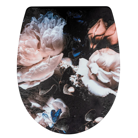 Premium toilet seat Peony with relief, made of antibacterial Duroplast, with soft-closing mechanism