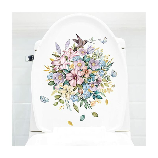 Flowers and Hummingbird Butterfly Bathroom Toilet Seat Lid Cover Decals Stickers PVC Sticker Removable Self-Adhesive Restroom Decor Art Decoration