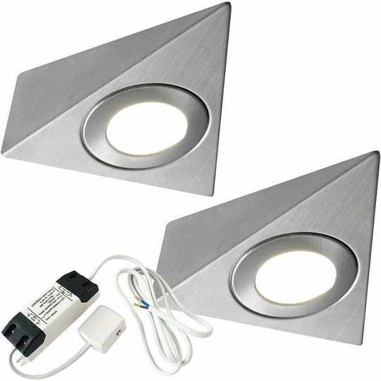 Loops - 2x brushed nickel Pyramid Surface Under Cabinet Kitchen Light & Driver Kit - Natural White led