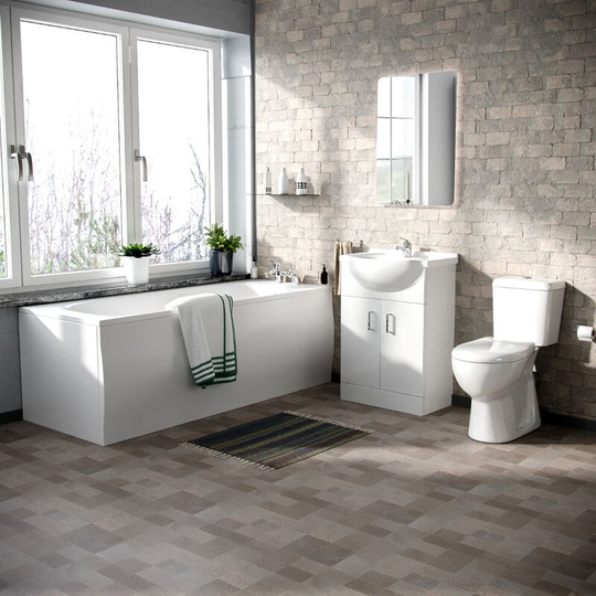 Neshome - Memphis fp 3-Piece Bathroom Suite White - Close Coupled Toilet, 550mm Basin Vanity Unit and Round Bath Tub + Panels
