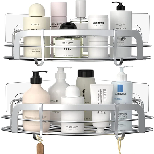 Shower Corner Caddy, Bathroom Corner Shower Shelf, Adhesive Wall Mounted Shower Shelving With 4 Movable Hooks, SUS304 Stainless Steel Bath Storage Org
