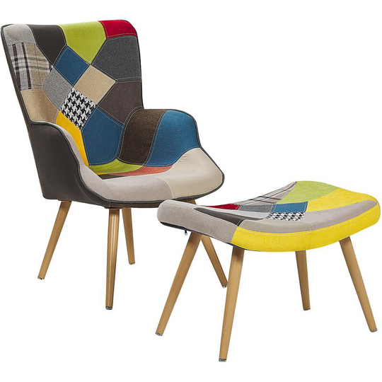 Beliani - Modern Upholstered Patchwork Armchair Ottoman Set Black and White Vejle - Multicolour
