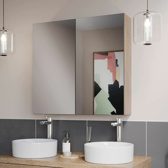 Modern Wall Mounted Double Door Bathroom Cabinet Storage Cupboard 800 x 750mm - Beige