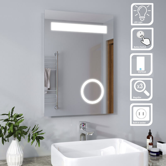 ELEGANT 3 Times Magnifying Glass Mirror Aluminium Alloy Bathroom Mirror 500x700mm Bathroom Mirror with Shaver Socket